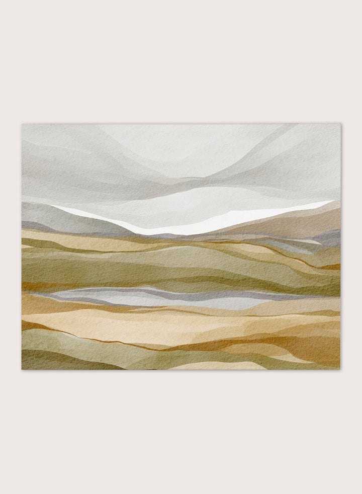Shop Earthy Abstract Landscape by Nikita Jariwala, an abstract landscape wall art print poster featuring layered hills, distant mountains, and earthy green tones.