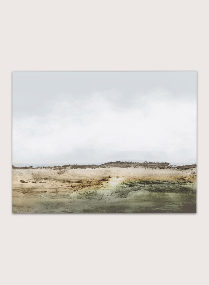 Shop Cliffs by Dan Hobday, a contemporary coastal landscape art print featuring rugged cliffs, soft sky, earthy green tones, and layered textured brushwork.