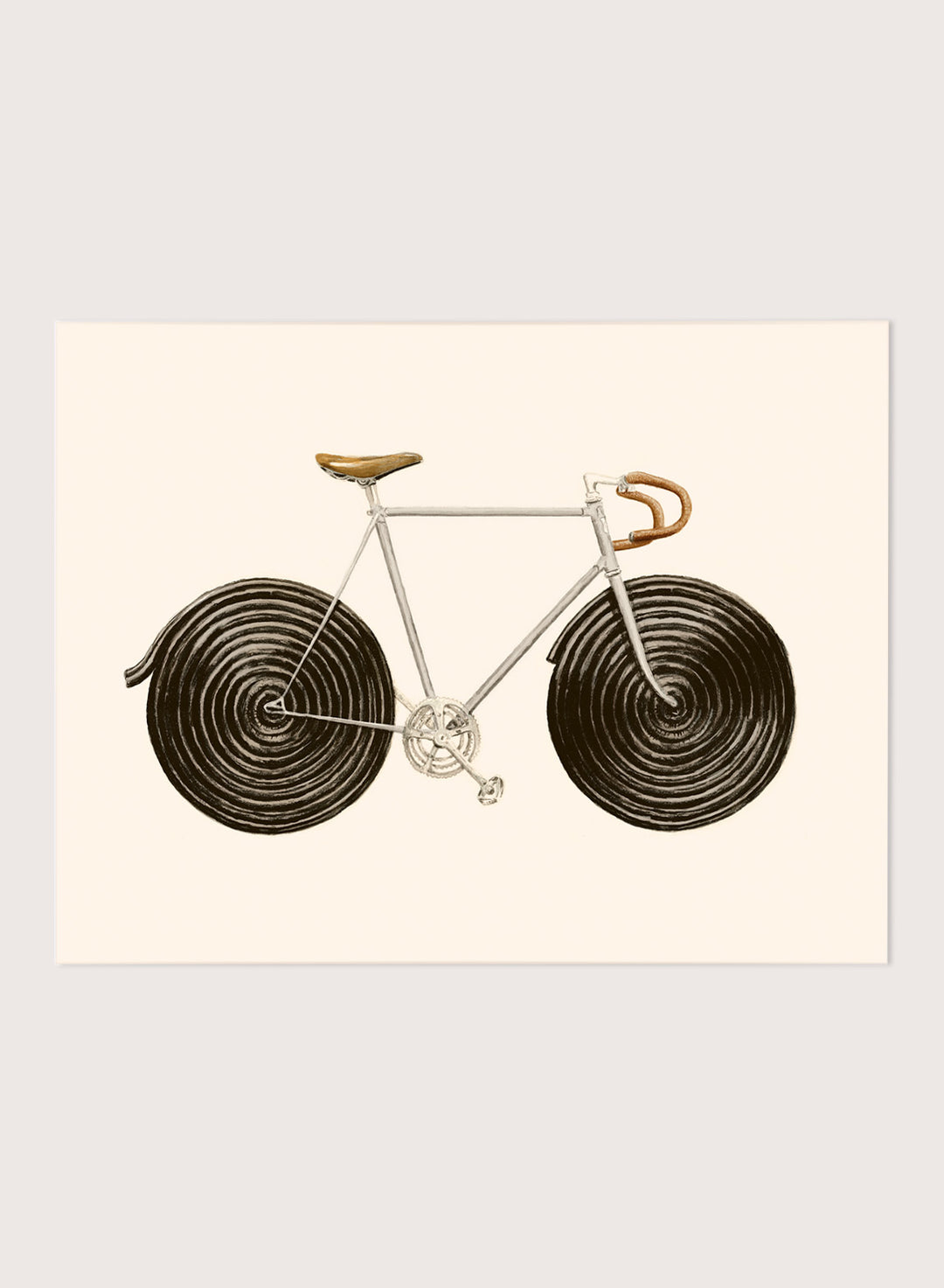Framed artwork of a bicycle with spiral wheels on a beige background. Sweet Licorice Bicycle by Florent Bodart is a surreal bicycle art print with playful design and vintage style, a modern wall poster with creative and unique concept.