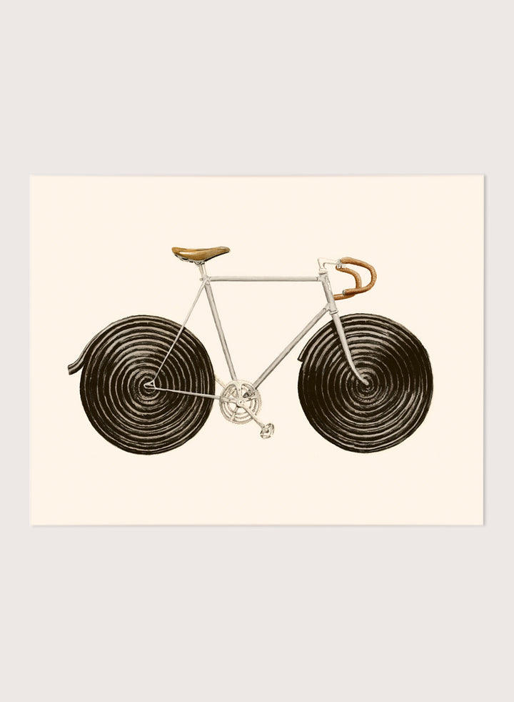 Framed artwork of a bicycle with spiral wheels on a beige background. Sweet Licorice Bicycle by Florent Bodart is a surreal bicycle art print with playful design and vintage style, a modern wall poster with creative and unique concept.