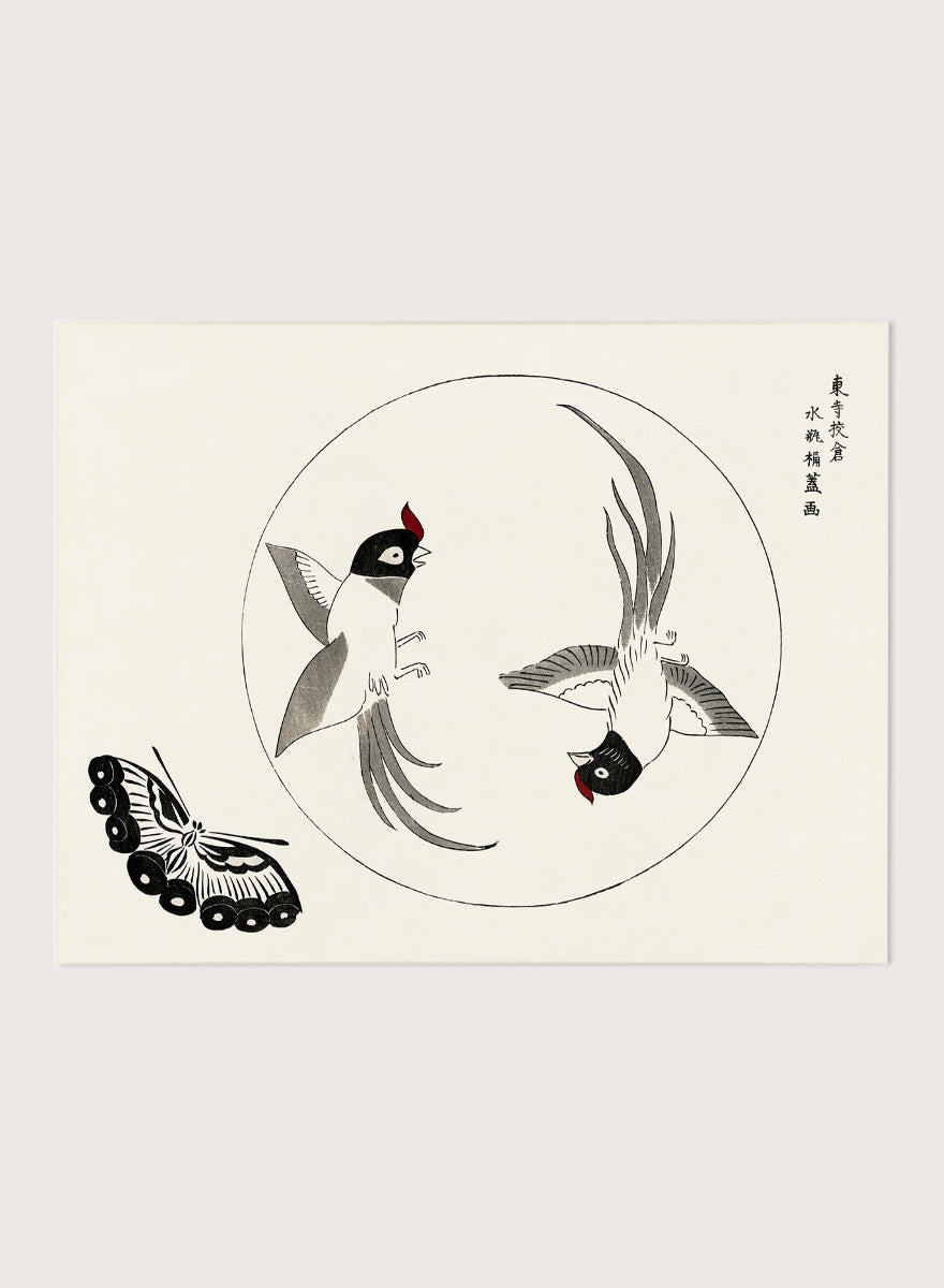 Birds and Butterfly by Taguchi Tomoki is a vintage Japanese woodblock art print featuring two long-tailed birds, a butterfly, and original Japanese detailing.