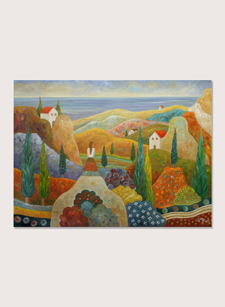 A framed landscape painting featuring stylized hills, cypress trees, small houses with red roofs, and a blue sea under a pale sky. Shop Woman in Mediterranean Landscape by Angeles M. Pomata, a colorful Mediterranean landscape and figurative art print with cypress trees, white houses, hills, and sea views.