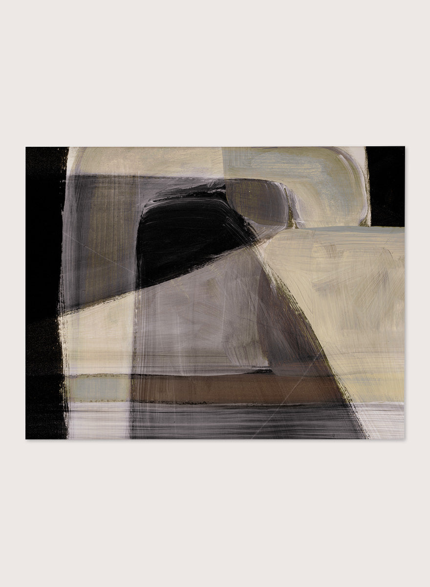 Shop Moods by Dan Hobday, a contemporary abstract art print featuring layered geometric forms, black, taupe, cream, and muted neutral brushwork.