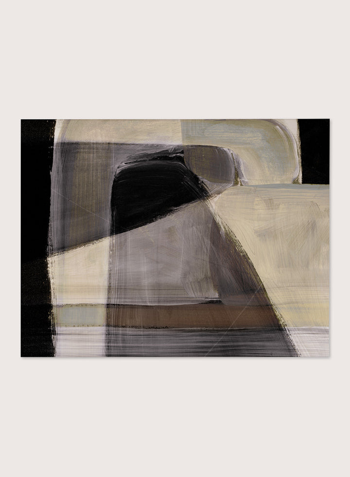 Shop Moods by Dan Hobday, a contemporary abstract art print featuring layered geometric forms, black, taupe, cream, and muted neutral brushwork.