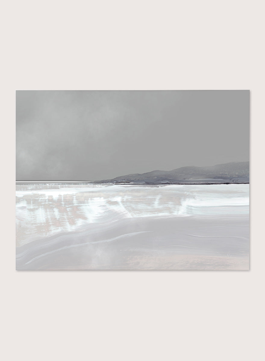 Shop Tides by Dan Hobday, a contemporary coastal landscape art print featuring pale blue water, distant hills, soft gray tones, and layered brush texture.