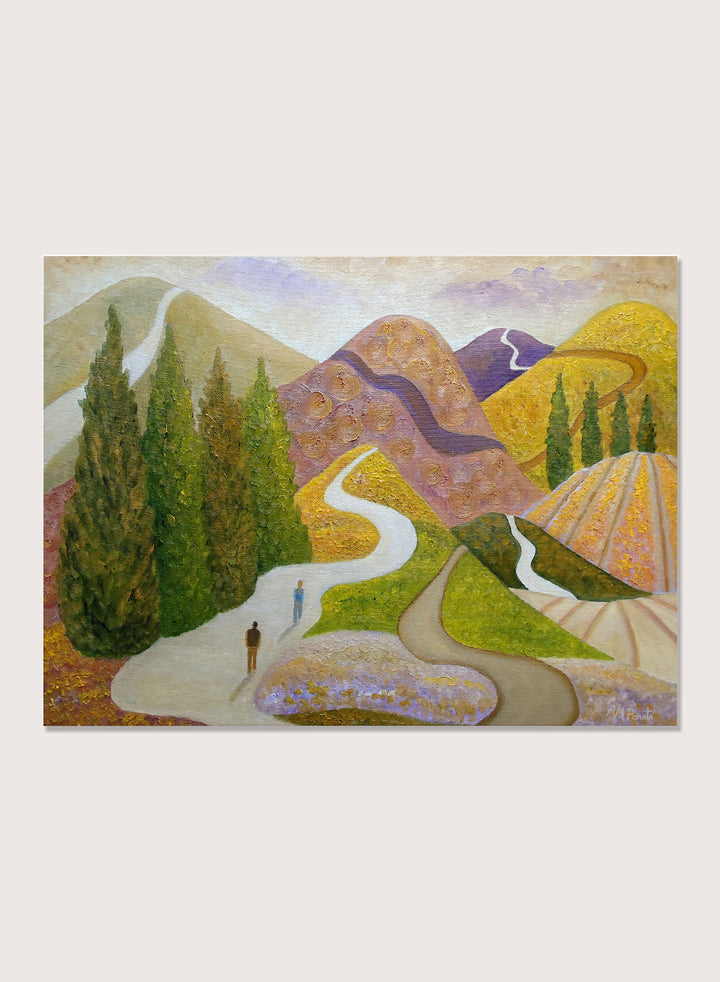 A framed landscape painting featuring stylized mountains, evergreen trees, winding paths, and small human figures, shown against a light neutral background. Shop Peaceful Journey Through Hills by Angeles M. Pomata, an autumn landscape art print featuring winding roads, cypress trees, rolling hills, and two walking figures.