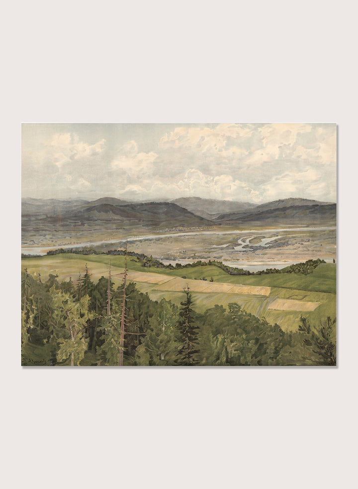 A framed landscape art print depicting rolling green and tan fields, distant mountains, a winding river, and a cloudy sky. Mountain Landscape by Arkadi Afanasyevich Chumakov is a vintage landscape art print featuring forest, fields, mountains, and a winding river.
