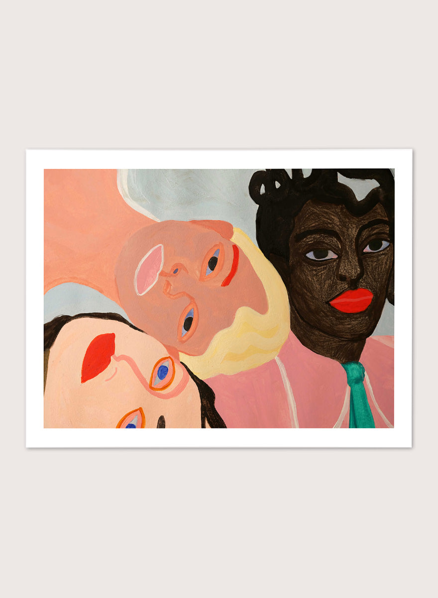 Shop Three Friends by Sophia Novosel, a modern women portrait wall art print poster featuring three women, bold red lips, vivid eyes, and expressive color.