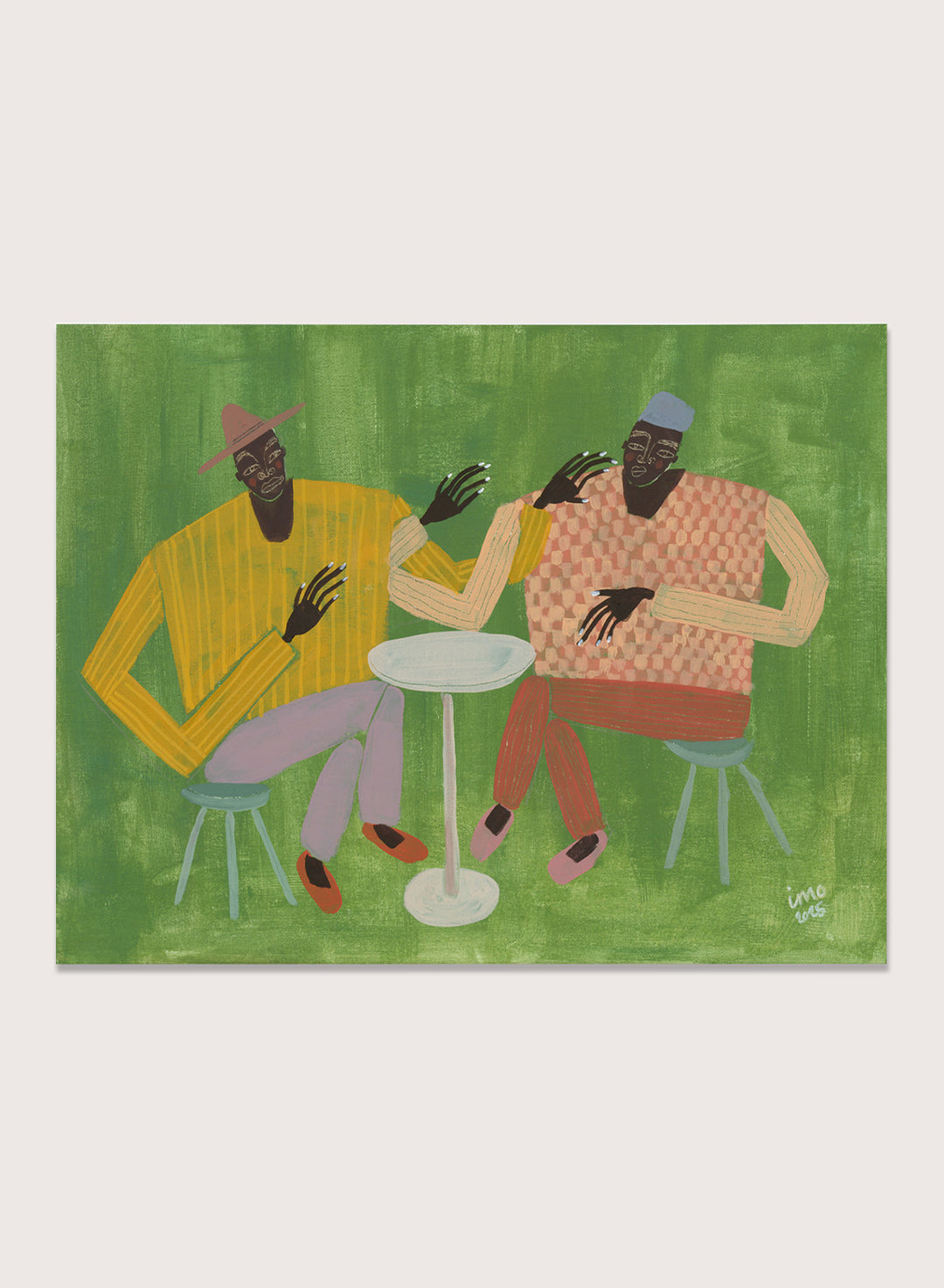 Framed artwork of two people sitting at a table on a green background. In Good Company by Studio IMO (Ibi Meier-Oruitemeka) is a modern figurative art print featuring two figures at a table in a bold contemporary wall poster design.