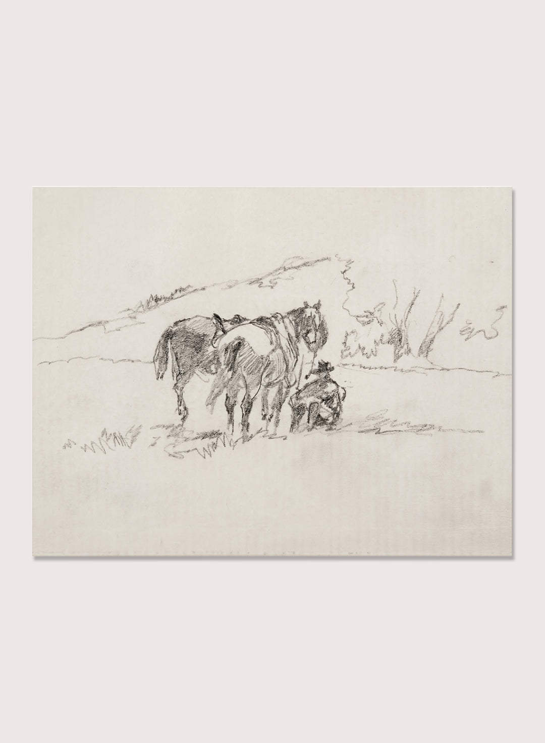 A framed black and white sketch print depicting a cowboy and horse, set against a light beige background. Sketch Made on Indian Reservation, Montana by Walter Shirlaw is a vintage horse sketch featuring a seated figure, grazing horses, and the Montana landscape.