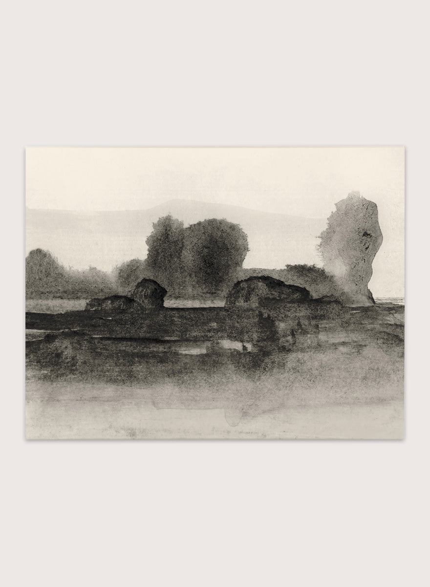 Shop Land No. 02 by Dan Hobday, a moody landscape art print featuring dark trees, layered fields, muted neutral tones, and soft atmospheric texture.