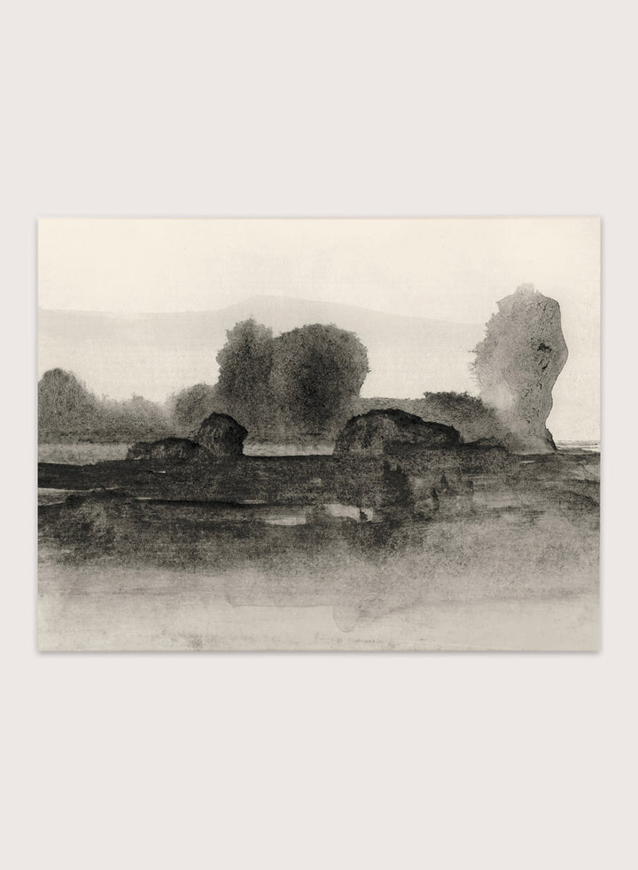 Shop Land No. 02 by Dan Hobday, a moody landscape art print featuring dark trees, layered fields, muted neutral tones, and soft atmospheric texture.