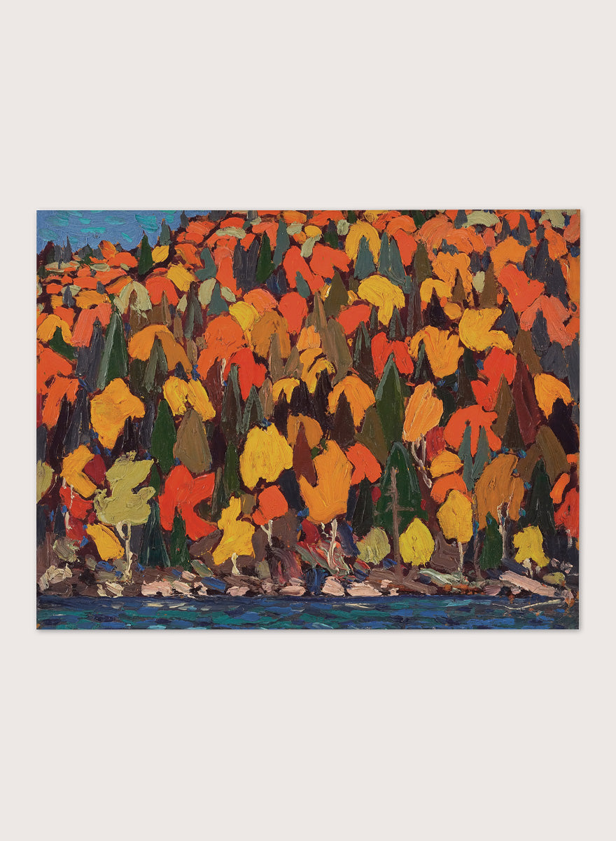 Shop Autumn Foliage by Tom Thomson, a vintage Canadian landscape wall art print poster featuring brilliant autumn trees along the water in orange tones.