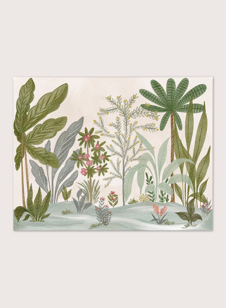 A framed botanical art print featuring a collection of tropical and jungle plants in muted green, gray, and soft pink tones on a cream background. Shop Lush Tropical Jungle by Nikita Jariwala, a tropical botanical wall art print poster with jungle plants, palm leaves, layered foliage, and green tones.