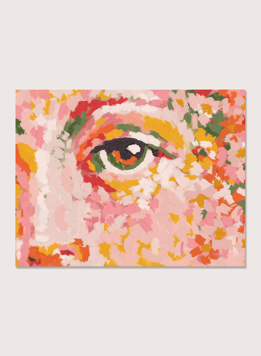 Colorful abstract painting of a face with a prominent eye. Wild Attention by Treechild is a colorful portrait illustration art print featuring expressive eye detail, bold brushstrokes, and contemporary wall art style.