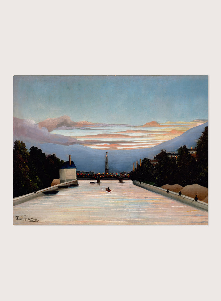 The Eiffel Tower by Henri Rousseau is a vintage Paris landscape art print featuring the Seine, Eiffel Tower, riverboats, city trees, and a blue sunset sky.