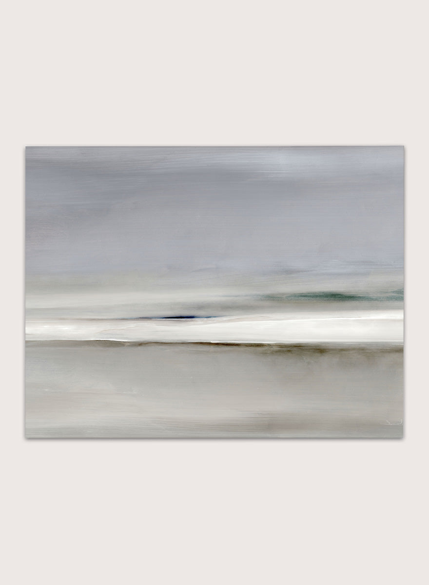 Shop Horizon by Dan Hobday, a soft abstract landscape art print featuring muted gray, green, and cream tones with layered horizontal brushwork.