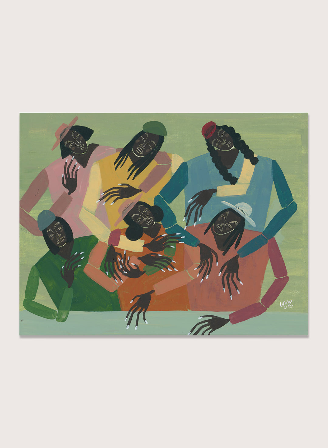 Framed artwork of six people sitting together with colorful clothing on a green background. Gossip by Studio IMO (Ibi Meier-Oruitemeka) is a modern figurative art print with multiple figures, bold color, and contemporary wall poster design.