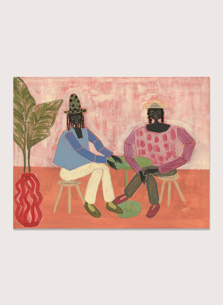 Artistic depiction of two people sitting on chairs with a plant and vase in the foreground, on a pink background. With a Friend by Studio IMO (Ibi Meier-Oruitemeka) is a modern figurative art print with two figures at a table in a contemporary wall poster design.