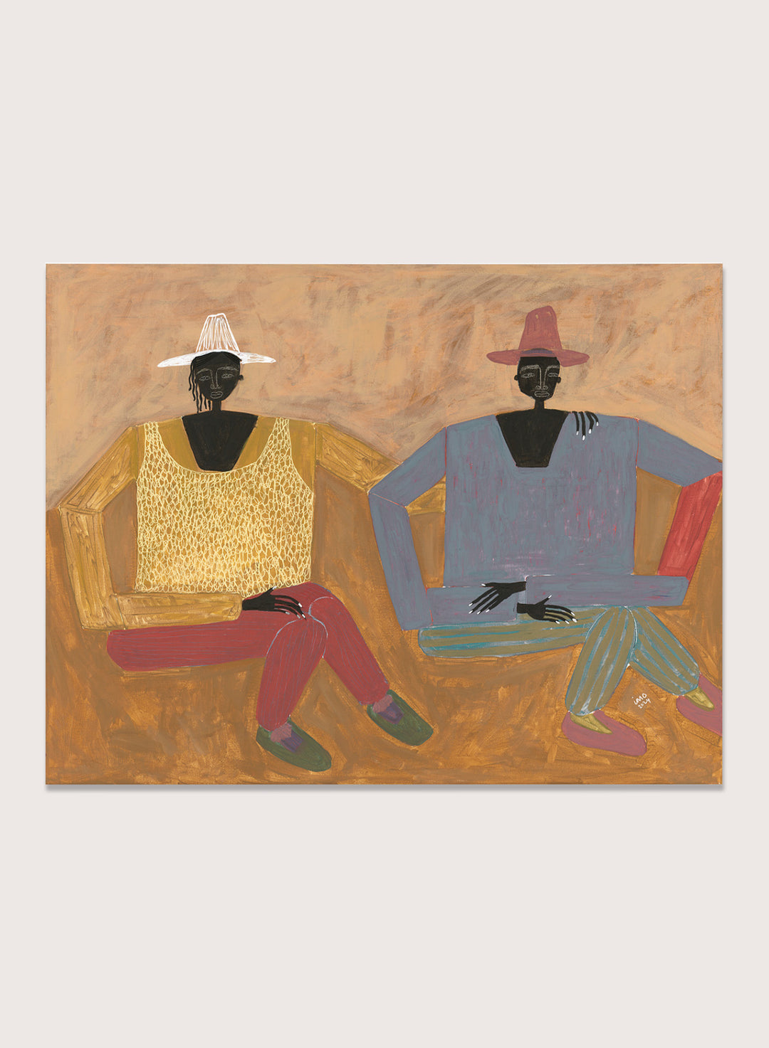 Framed artwork of two people sitting on a bench with a plain background. Still, Together by Studio IMO (Ibi Meier-Oruitemeka) is a modern figurative art print with two seated figures in a contemporary wall poster design.