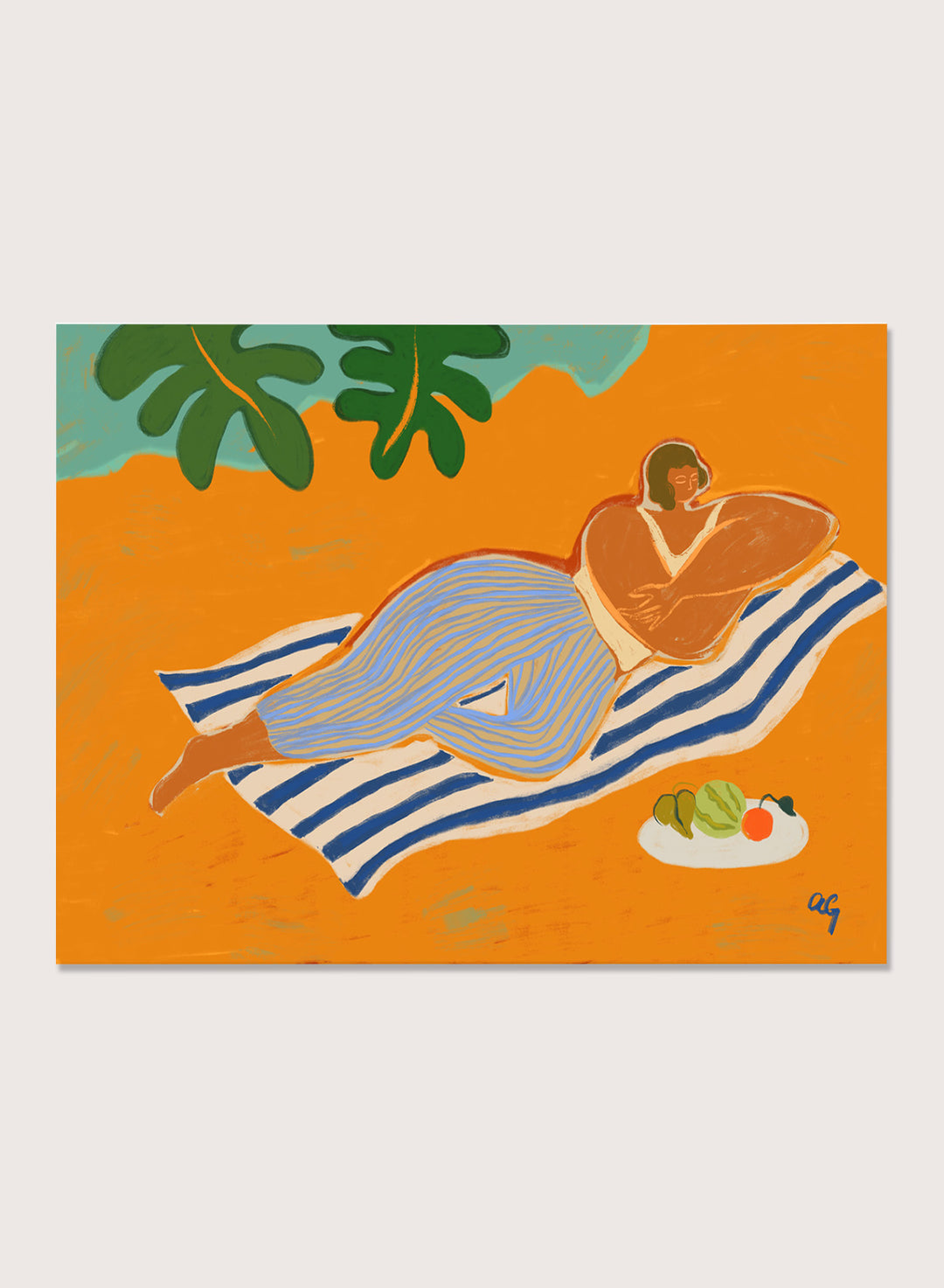 Framed artwork of a woman lounging on a towel with a plate of fruit against an orange background. A Day at the Beach by Arty Guava is a colorful coastal art print featuring a relaxed beach scene, tropical foliage, bold color, and contemporary illustration.