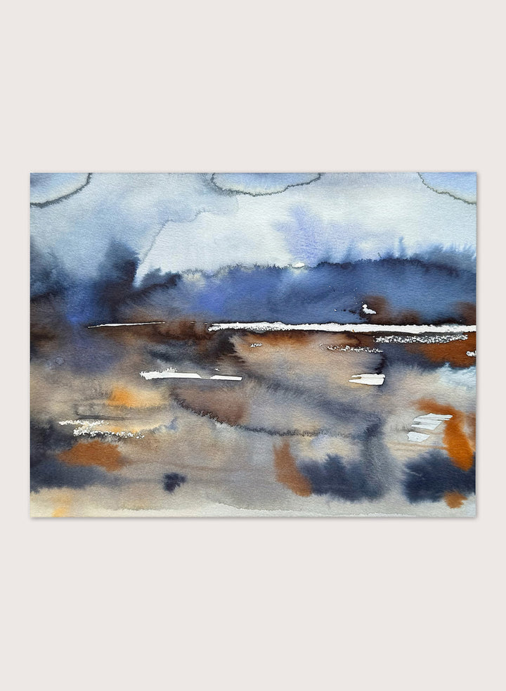 Shop Abstract Fluid Horizon by Helena Ryhle, an abstract landscape wall art print poster featuring fluid watercolor, a blue horizon, and earthy coastal tones.