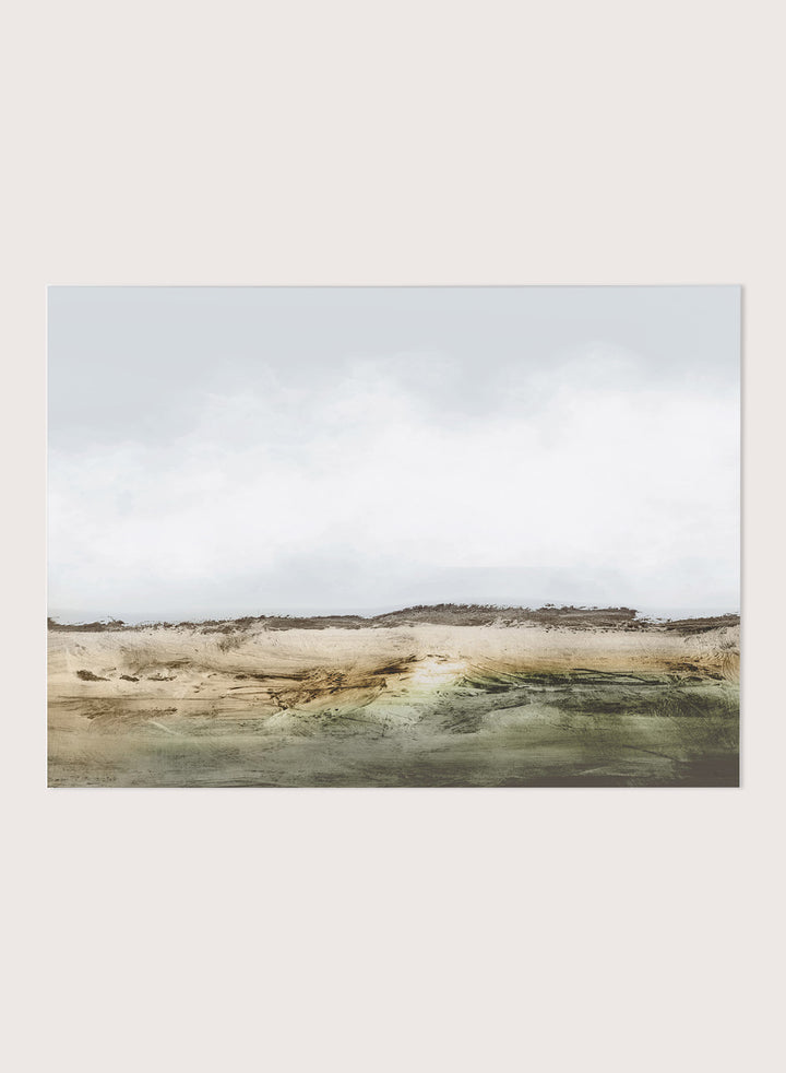 Shop Cliffs by Dan Hobday, a contemporary coastal landscape art print featuring rugged cliffs, soft sky, earthy green tones, and layered textured brushwork.