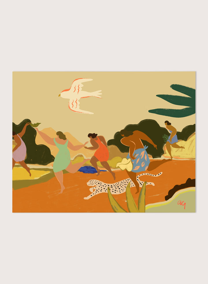 A framed art print featuring a stylized illustration of figures dancing and playing outdoors, with a bird, palm leaves, and a spotted cat. Run by Arty Guava premium framed fine art print featuring women racing through a tropical landscape beside a spotted leopard in warm, playful colors.