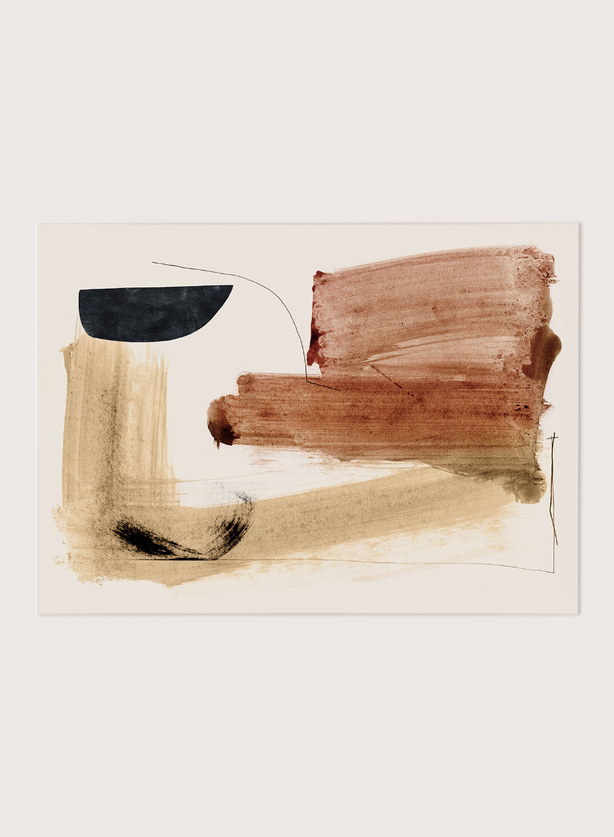 Abstract framed wall art featuring broad brushstrokes in terracotta, beige, black, and brown on a cream background. Shop Cooking by Dan Hobday, a warm abstract art print featuring rust brown, black, and sandy neutral forms with loose lines and layered brush texture.