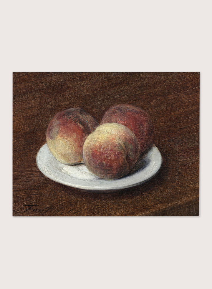 Shop Three Peaches on a Plate by Henri Fantin-Latour, a vintage still life wall art print poster featuring ripe peaches on a white plate in warm brown tones.