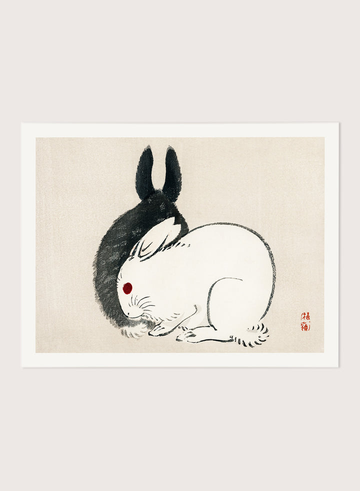 Kono Bairei "Black and White Rabbits" Art Print
