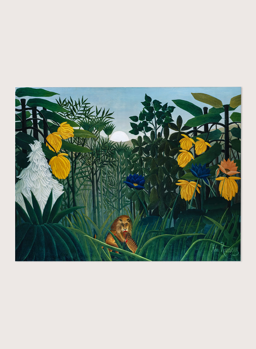 A framed art print depicting a lush jungle scene with green foliage, yellow flowers, blue and orange blossoms, and a small lion near the bottom center. The Repast of the Lion by Henri Rousseau is a vintage jungle art print featuring a lion hidden among dense tropical foliage and lush green plants.