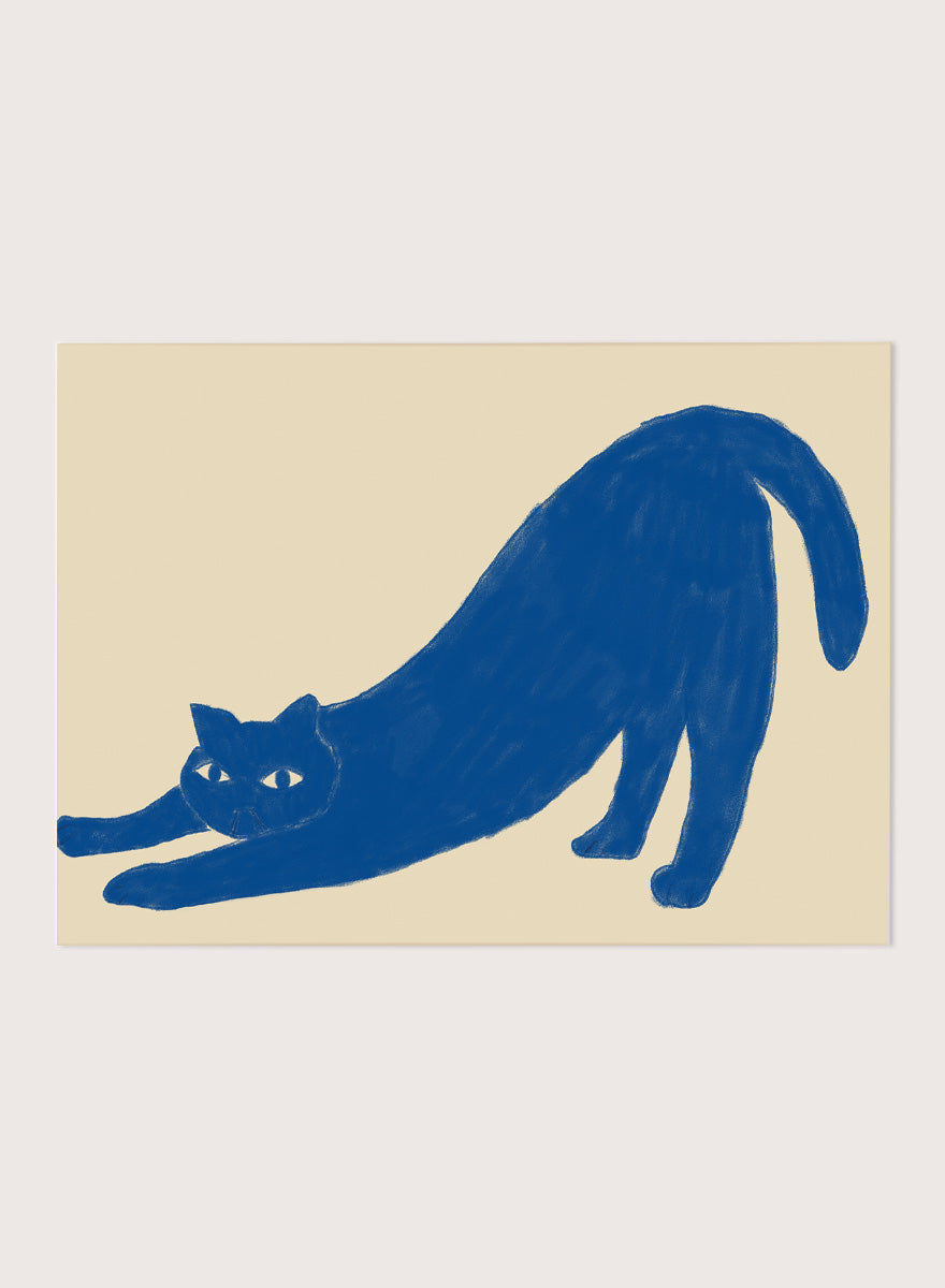 Framed wall art featuring a blue cat stretching on a beige background. Stretching Blue Cat by The Art Concept is a playful cat art print featuring a blue stretching cat on a warm cream background in a simple modern style.
