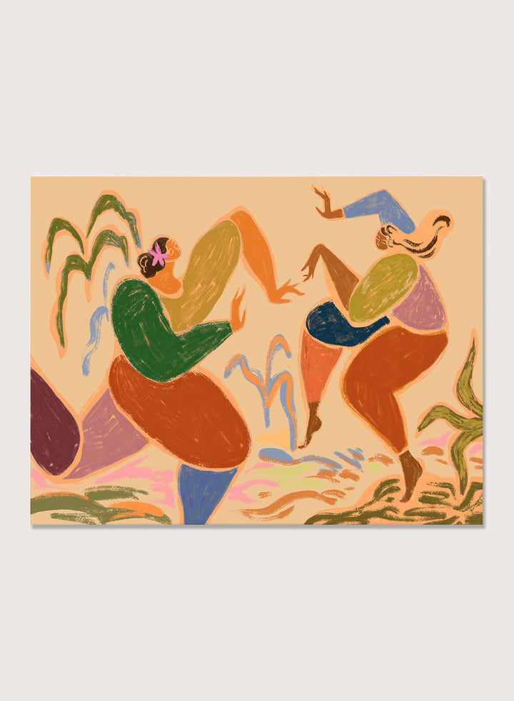 Colorful abstract artwork of two figures in a natural setting. Sisters of the Rhythm by Arty Guava is a modern wall art print of two women dancing. Bold color, expressive figures, officially licensed poster.