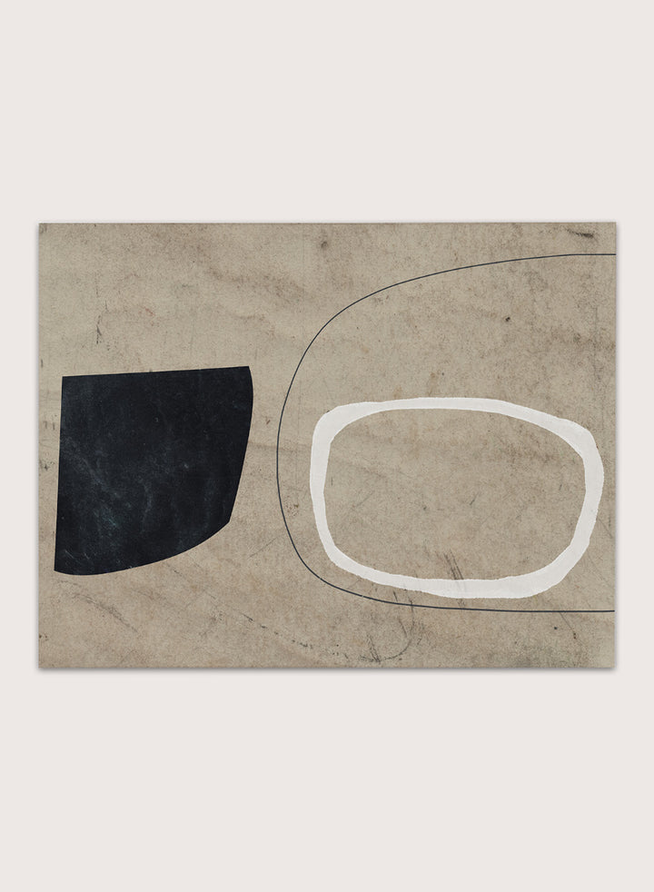 Shop Comfort by Dan Hobday, a contemporary abstract art print featuring bold black and white forms, curved linework, warm beige tones, and textured detail.