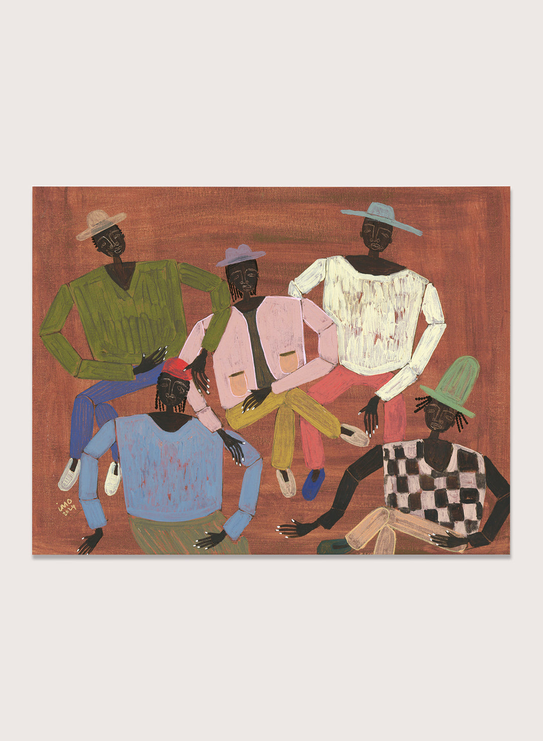 Framed artwork of six stylized figures in colorful clothing on a red background. Long Time No See by Studio IMO (Ibi Meier-Oruitemeka) is a modern figurative art print with multiple figures and bold contemporary wall poster design.