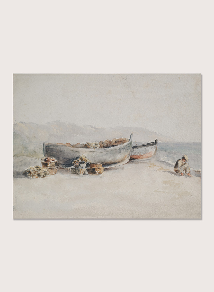 A framed watercolor painting of two small boats on a sandy shore. Fishing Boats on the Shore by Hercules Brabazon Brabazon is a vintage watercolor art print featuring fishing boats, nets, baskets, and a hazy coastal shore.