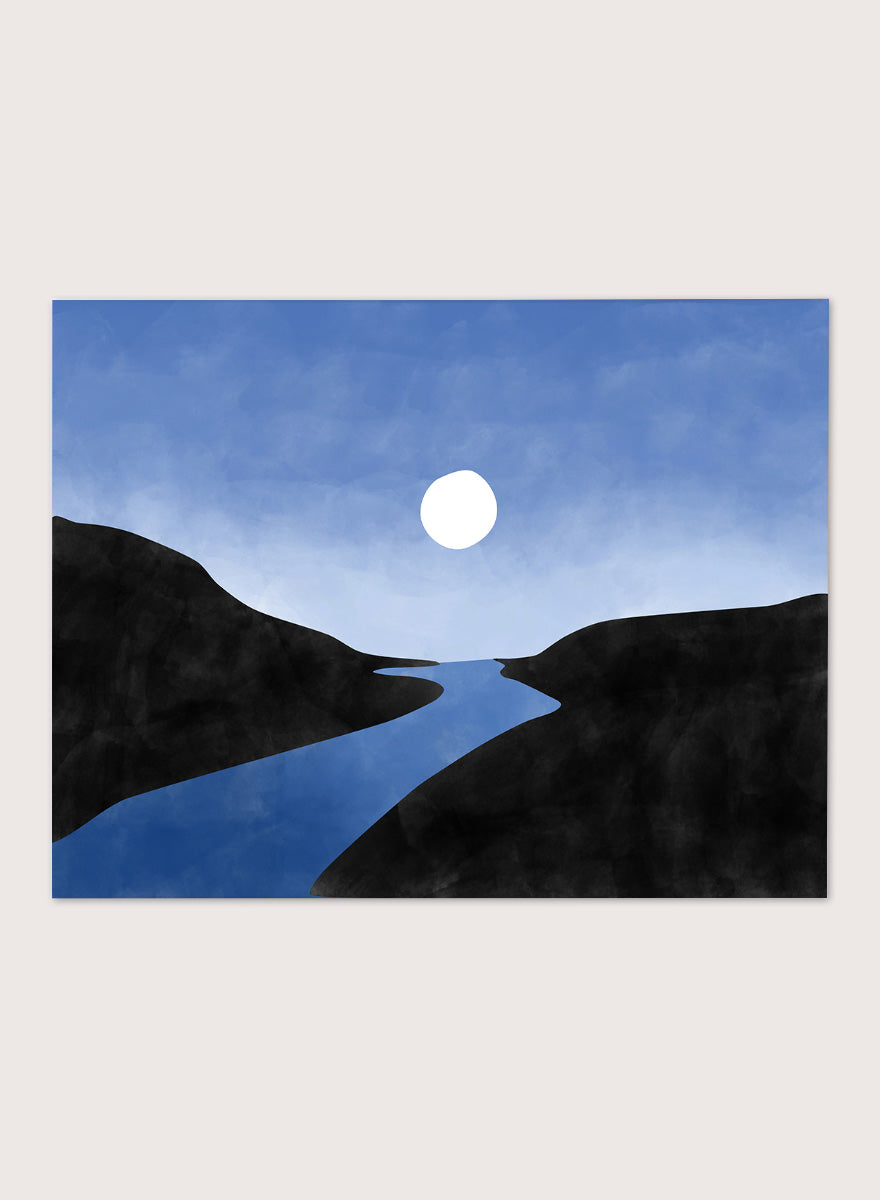 Shop Serene Moon River by Elena Ristova, a modern landscape wall art print poster featuring a winding blue river, dark hills, and a glowing white moon.