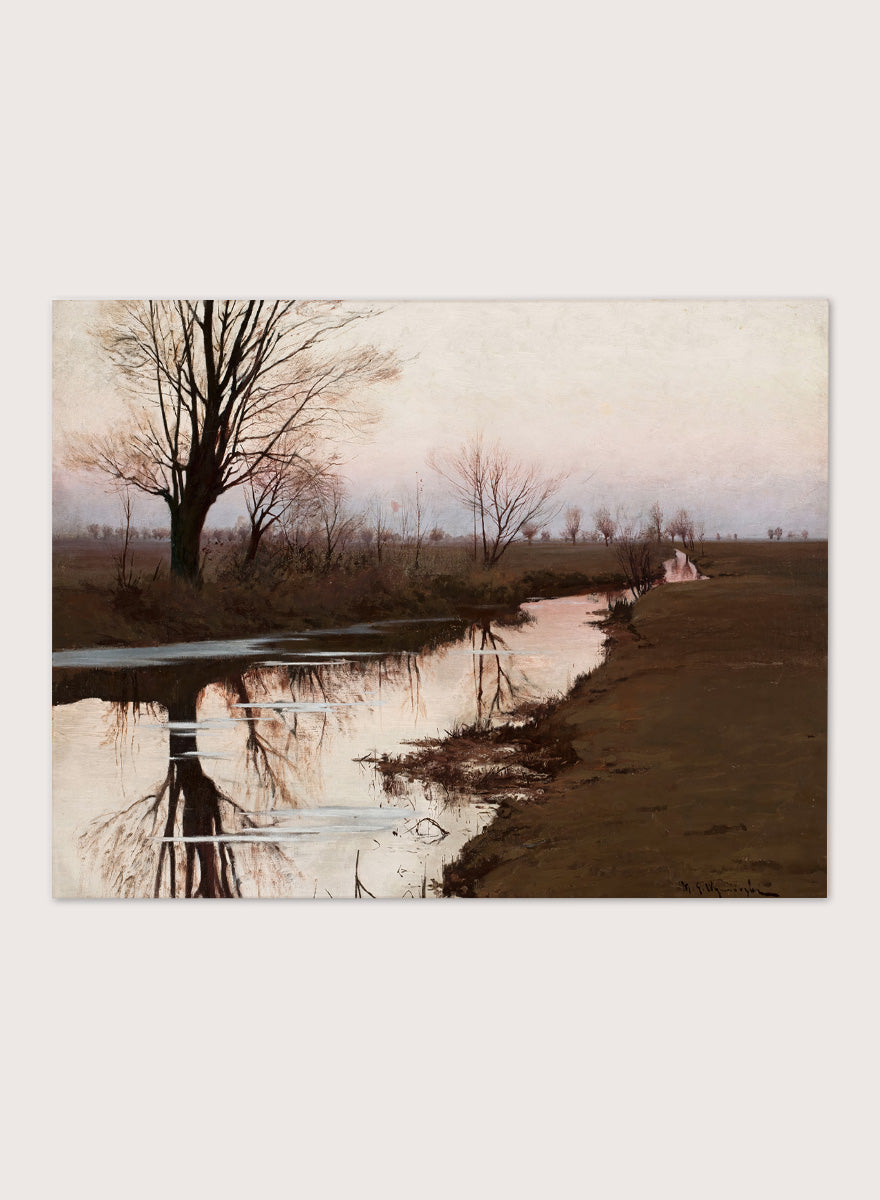 Shop Autumn Landscape with a River by Michał Gorstkin-Wywiórski, a vintage Polish landscape wall art print poster featuring a quiet autumn river in brown tones.