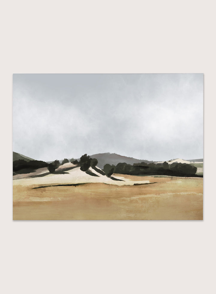 Shop Lazy Afternoon by Dan Hobday, a warm landscape art print featuring golden fields, dark trees, rolling hills, and soft late-summer tones.
