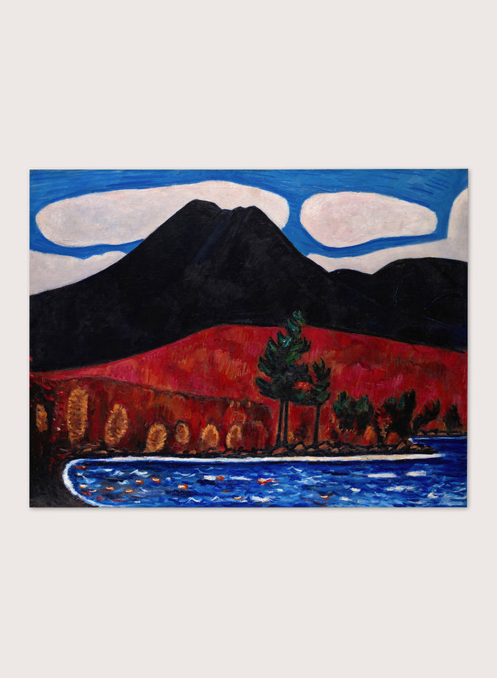 Shop Mt. Katahdin (Maine), Autumn by Marsden Hartley, a vintage American landscape wall art print poster featuring bold autumn hills and deep blue water.