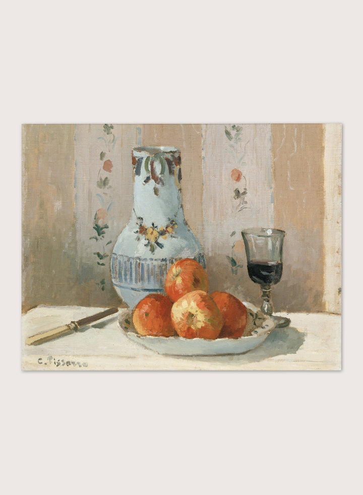 Shop Still Life with Apples and Pitcher by Camille Pissarro, a vintage still life wall art print poster featuring red apples and a ceramic pitcher in warm brown tones.