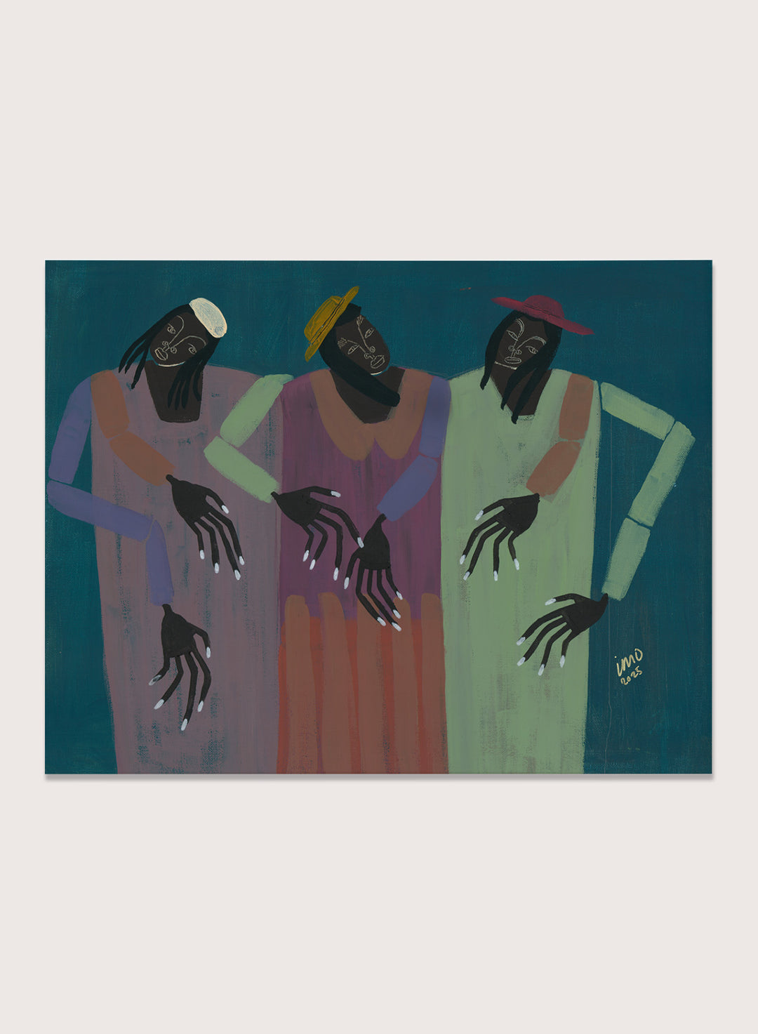 Artistic depiction of three figures with outstretched hands on a blue background. My People by Studio IMO (Ibi Meier-Oruitemeka) is a modern figurative art print with connected figures, expressive hands, and bold contemporary wall poster design.