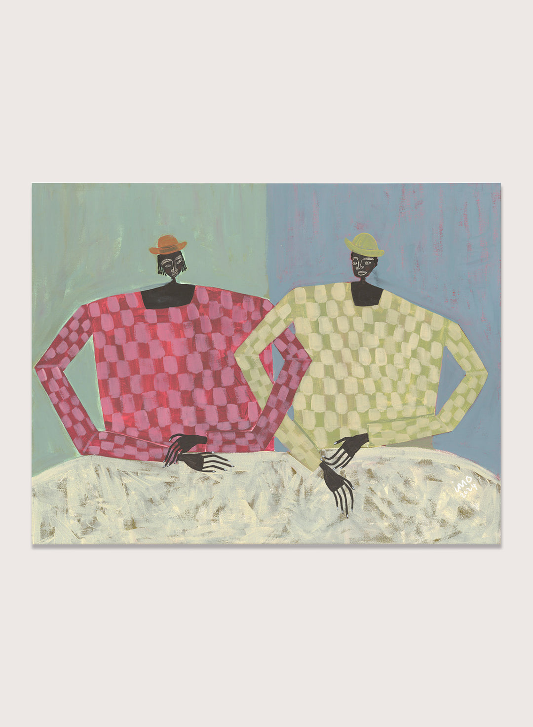 Framed artwork of two figures wearing colorful sweaters against a textured background. Opposites by Studio IMO (Ibi Meier-Oruitemeka) is a modern figurative art print with two figures, bold color contrast, and contemporary wall poster design.