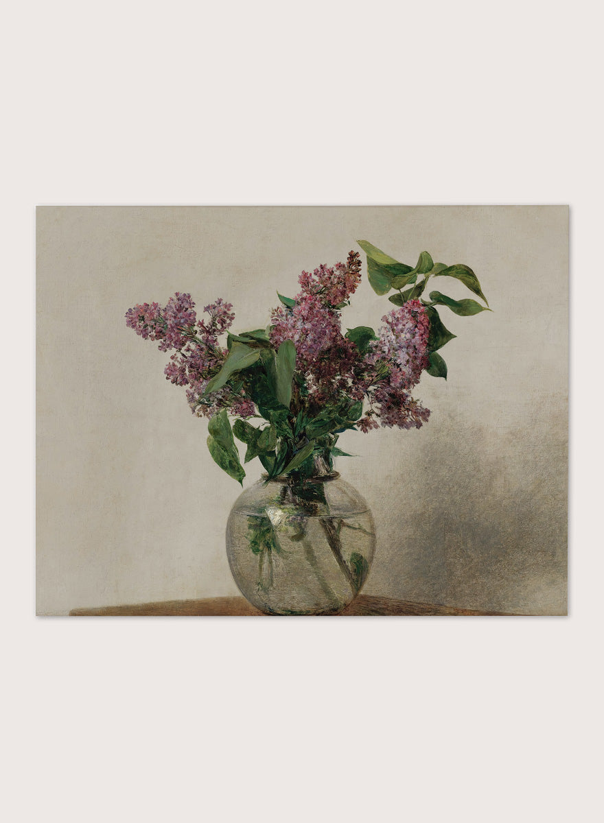 Shop Lilas by Henri Fantin-Latour, a vintage floral wall art print poster featuring a bouquet of purple lilacs in a clear glass vase with green tones.