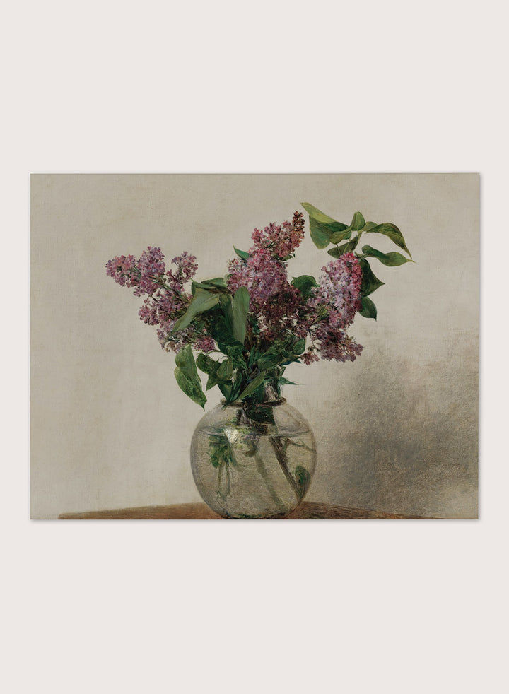 Shop Lilas by Henri Fantin-Latour, a vintage floral wall art print poster featuring a bouquet of purple lilacs in a clear glass vase with green tones.