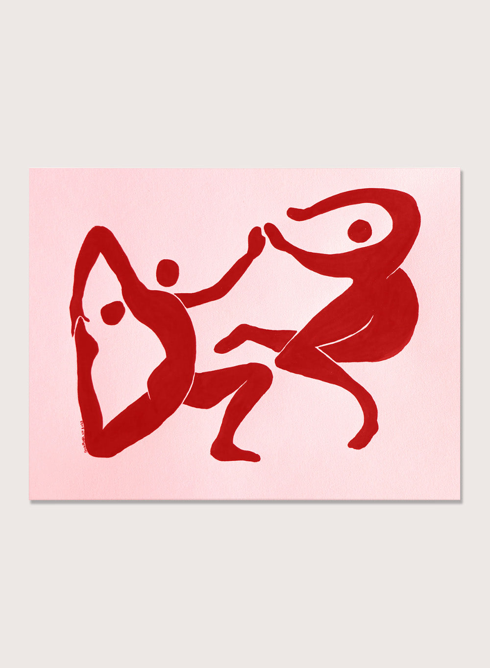 Red abstract figures on a pink background. Fluid Dance Forms by Santhosh CH is an abstract illustration art print featuring expressive human figures, bold red color, modern movement design, and contemporary wall art style.