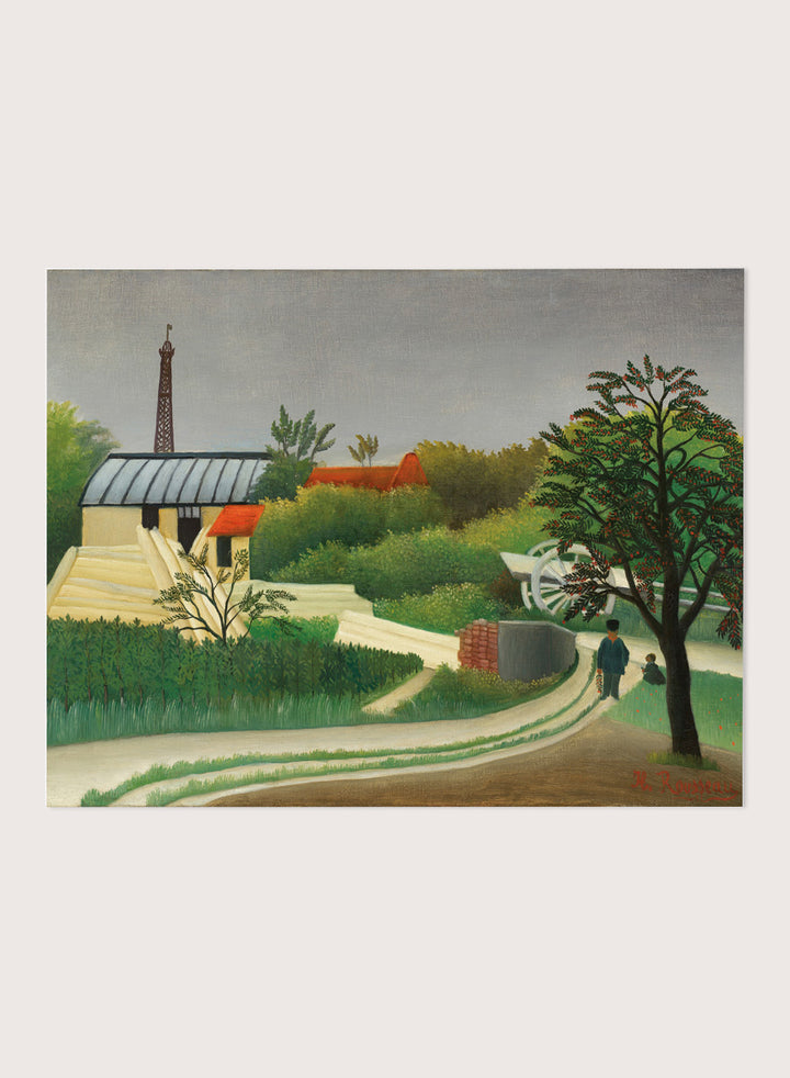 Shop Scierie aux environs de Paris by Henri Rousseau, a vintage French landscape art print with green fields, red roofs, a sawmill, and Paris charm.