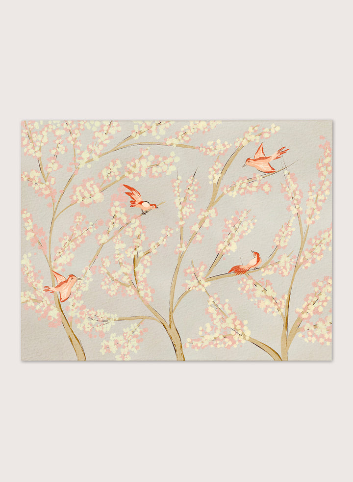 Shop Pink Birds Spring Blossoms by Nikita Jariwala, a delicate bird and floral wall art print with pink blossoms, coral birds, and a soft gray beige botanical backdrop.
