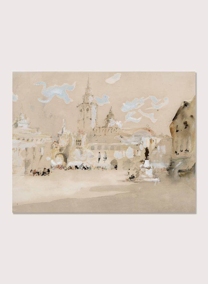 A framed watercolor art print depicting a scenic architectural landscape with a clock tower, stylized clouds, and small figures. Valencia, Spain by Hercules Brabazon Brabazon is a vintage watercolor art print featuring a sunlit Spanish plaza, pale architecture, towers, and soft blue sky.